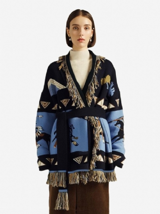 Kvinnors Tryckta Cardigans Tofs Trim Bälted Wool Blend Bohe Inspirerad Tröja