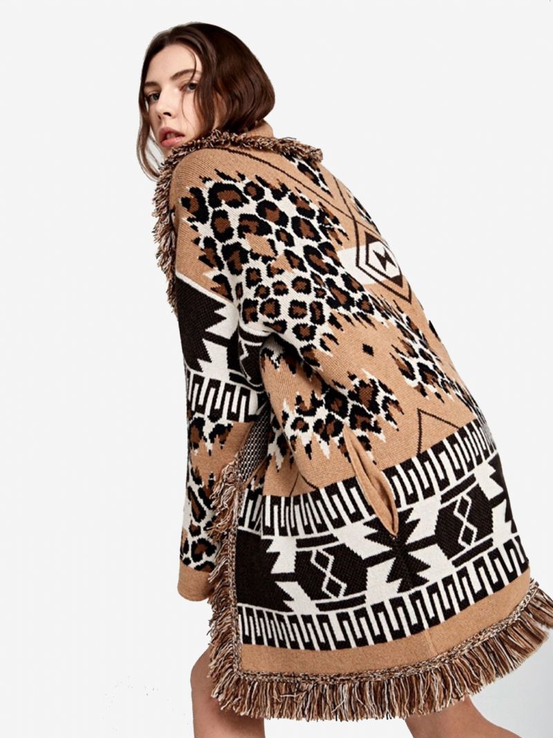 Mörk Marinblå Jacquardkoftor För Damer Med Tofskanter Bälte I Ullblandning Casual Tröja - Leopard