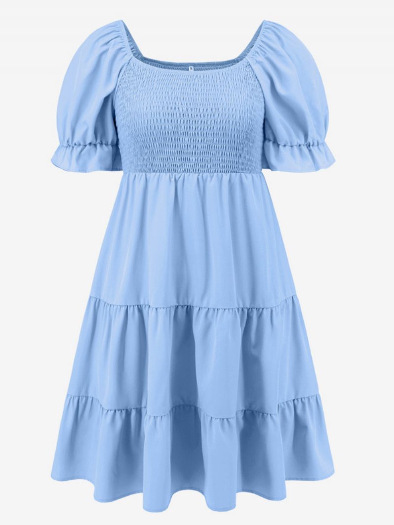 Dams Sommarklänning Miniklänningar Ljus Himmelsblå Bateau Neck Plisserad Polyester Strandklänning - Ljus Himmelsblå