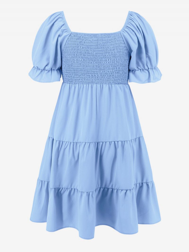 Dams Sommarklänning Miniklänningar Ljus Himmelsblå Bateau Neck Plisserad Polyester Strandklänning - Ljus Himmelsblå