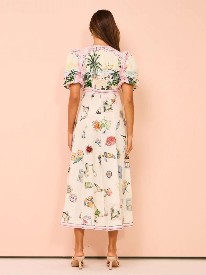 Kvinnors Blommiga Klänning Maxiklänningar Klänningar Tryckt Dragkedja Jewel Neck Korta Ärmar Casual Spring - Vit