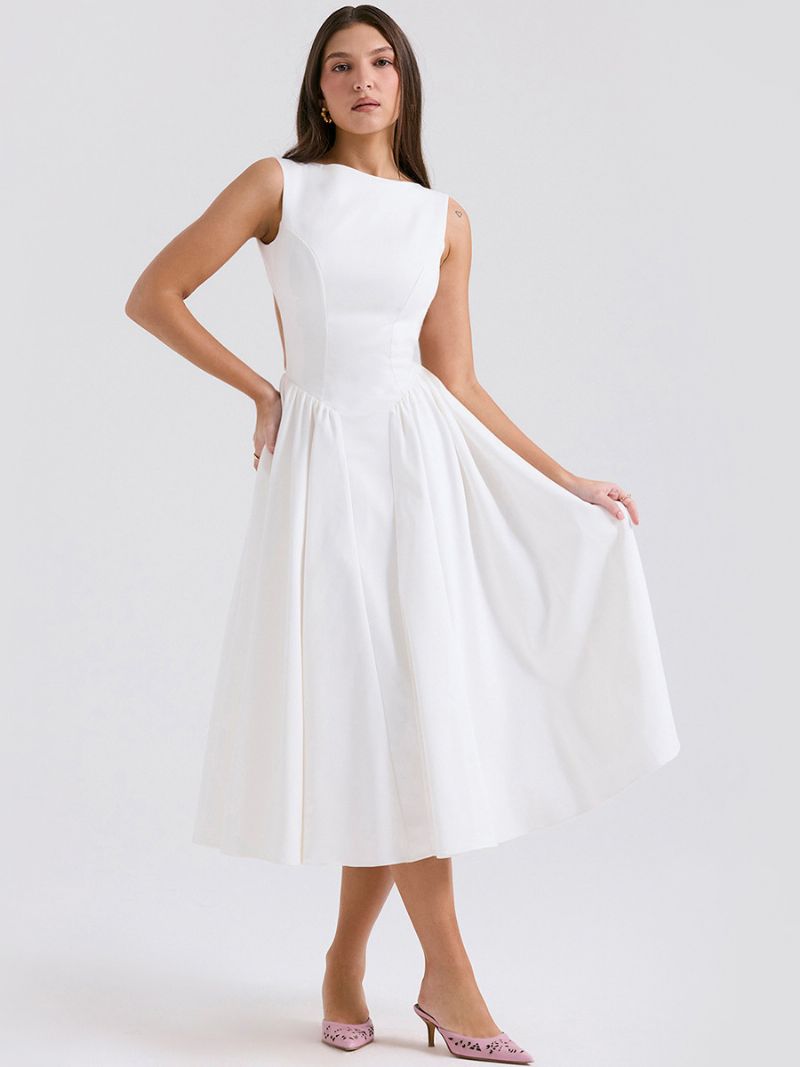 Kvinnors Festklänningar Vit Jewel Neck Plisserad Ärmlös Semiformell Klänning