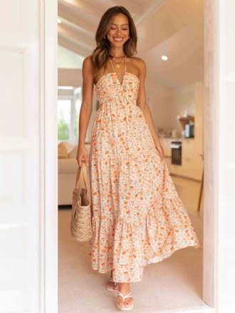 Kvinnors Halter Klänning V-ringad Blommig Tryckt Tiered Boho-inspirerade Sommarklänningar