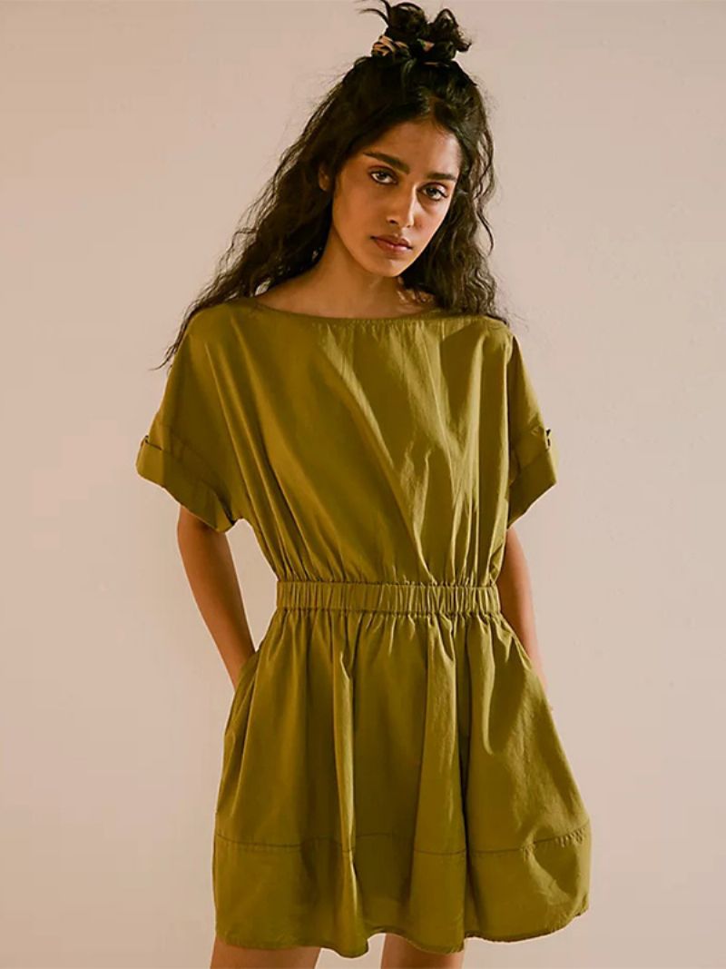 Kvinnors Sommarklänning Miniklänningar Peach Jewel Neck Plisserad Polyester Strandklänning - Oliv