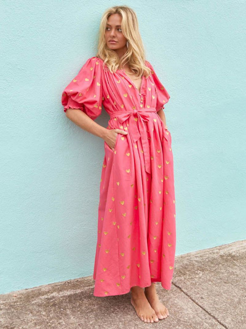 Kvinnors Sommarklänning Plunge Heart Printed Lantern Arms Bältade Casual Maxiklänningar - Röd