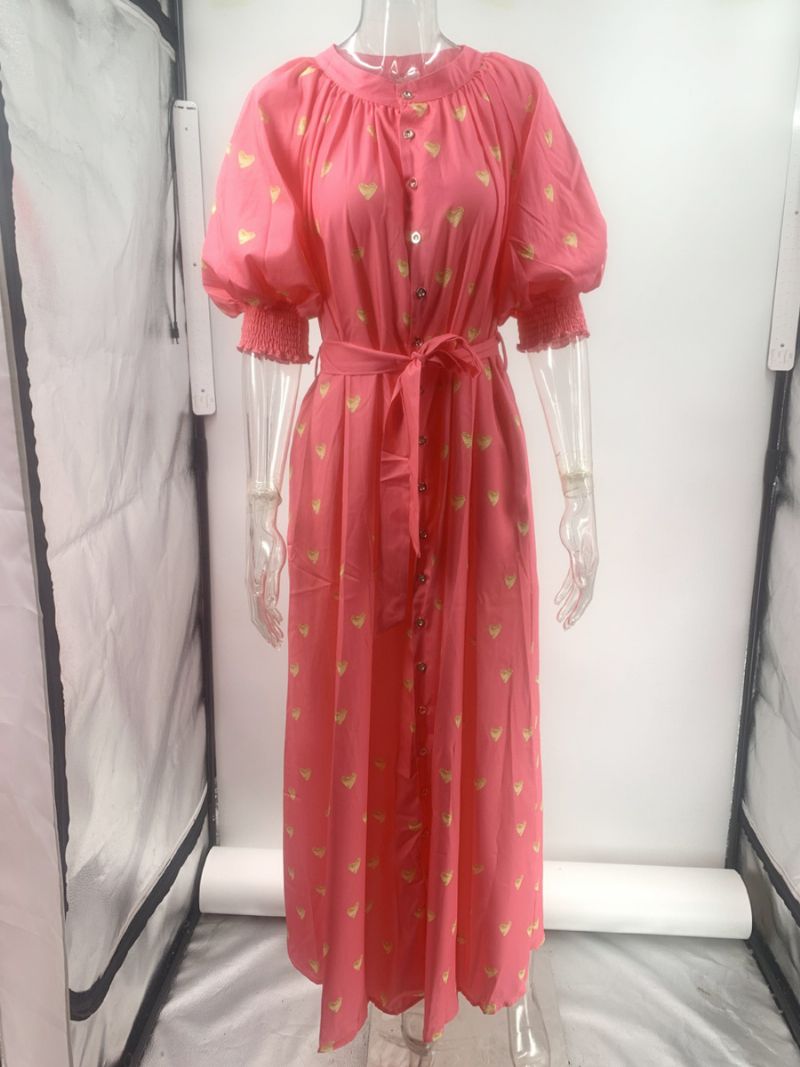 Kvinnors Sommarklänning Plunge Heart Printed Lantern Arms Bältade Casual Maxiklänningar - Röd