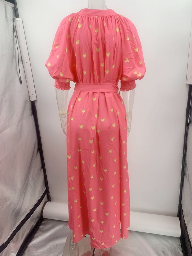 Kvinnors Sommarklänning Plunge Heart Printed Lantern Arms Bältade Casual Maxiklänningar - Röd