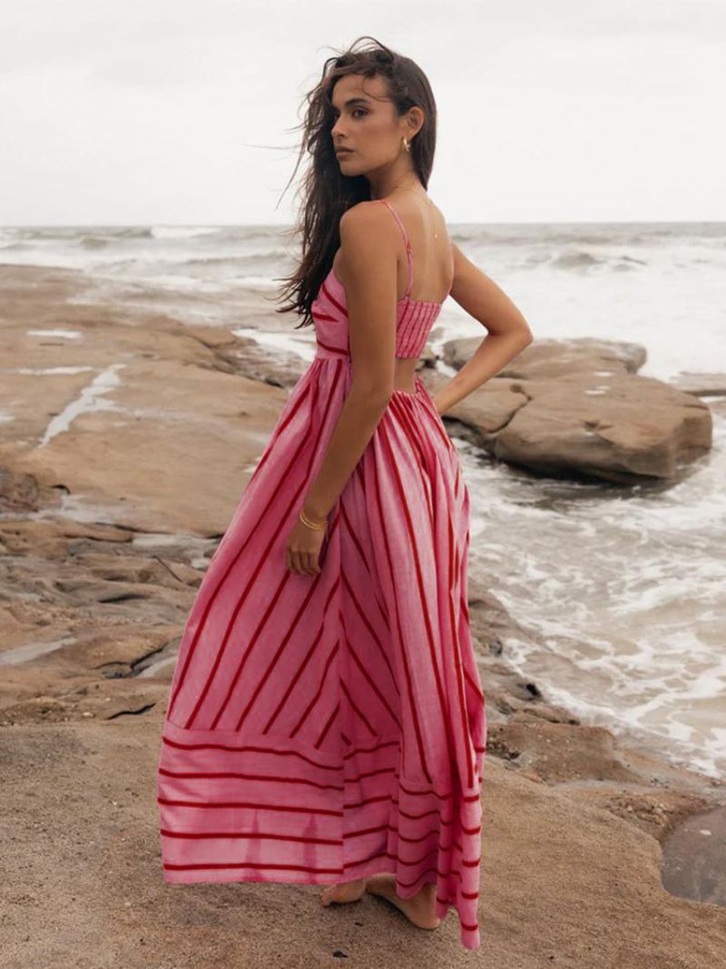 Kvinnors Sommarklänning Straps Hals Ränder Utskurna Rygglös Aprikos Long Beach Dress - Röd
