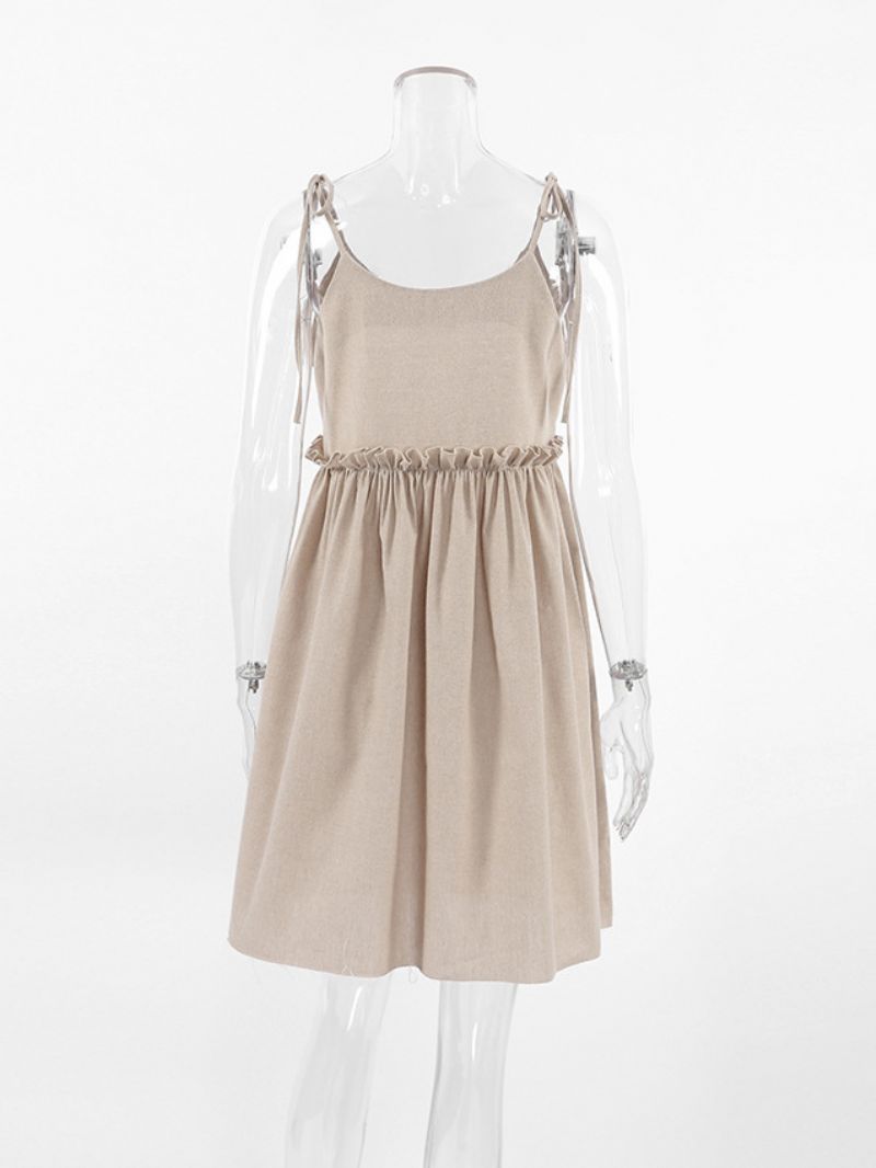 Kvinnors Sommarklänning Straps Neck Spets Up Oversized Ecru White Short Beach Dress - Beige