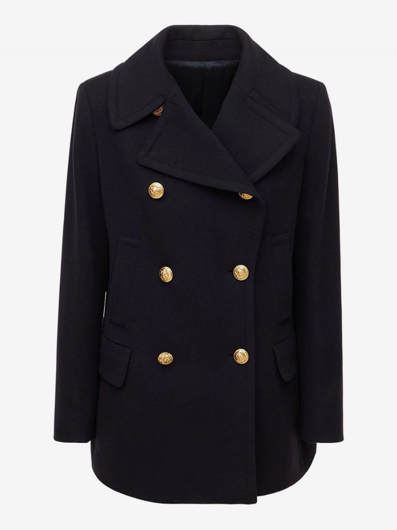 Ull Blazer Lapel Metall Knappar Enfärgad Höst Vinter Dam Kappor - Svart