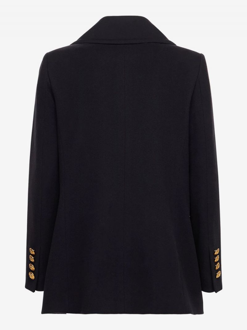 Ull Blazer Lapel Metall Knappar Enfärgad Höst Vinter Dam Kappor - Svart