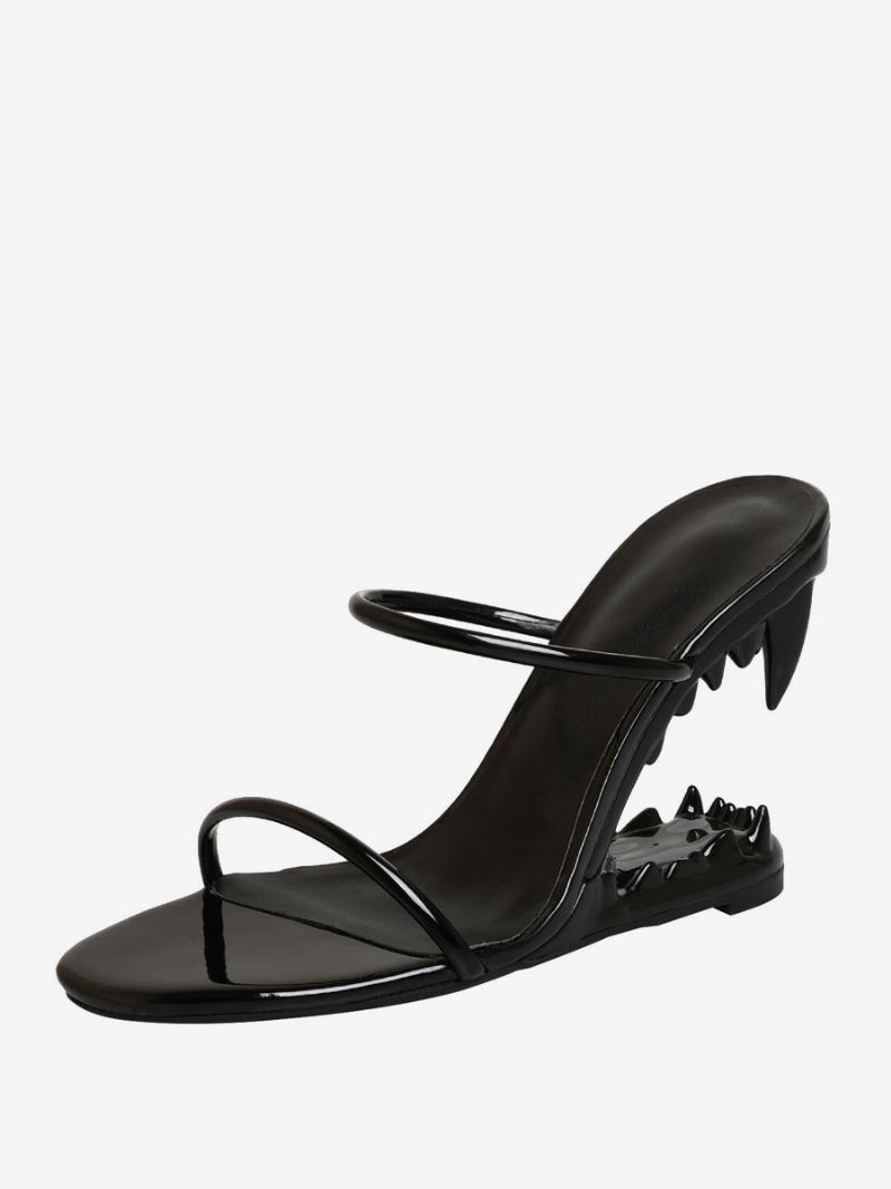 Damsvart Pu-läder Sharke Teeth Design Wedge Sandaler