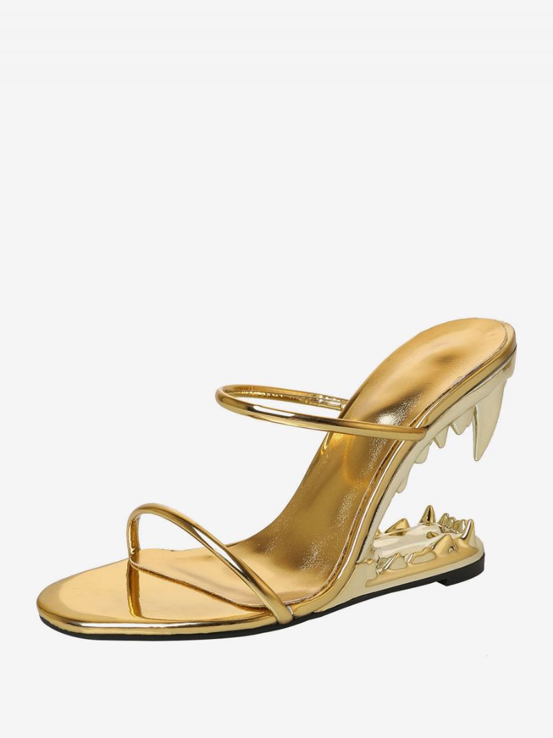 Damsvart Pu-läder Sharke Teeth Design Wedge Sandaler - Guld