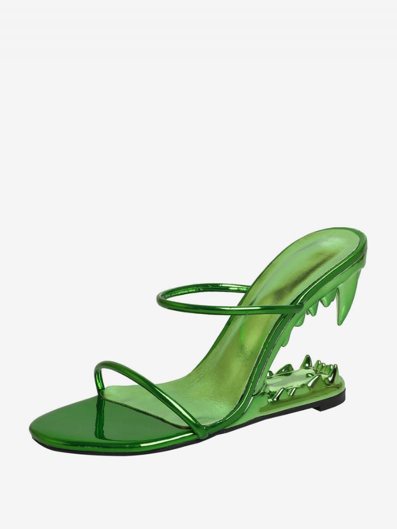 Damsvart Pu-läder Sharke Teeth Design Wedge Sandaler - Grön