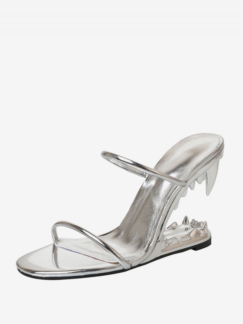 Damsvart Pu-läder Sharke Teeth Design Wedge Sandaler - Silver