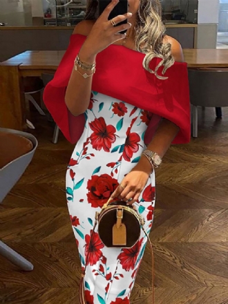 Dam Bodycon Klänning Blommönster Röd Bateau Hals Dragkedja Sexiga Korta Ärmar Penna Omlottklänningar