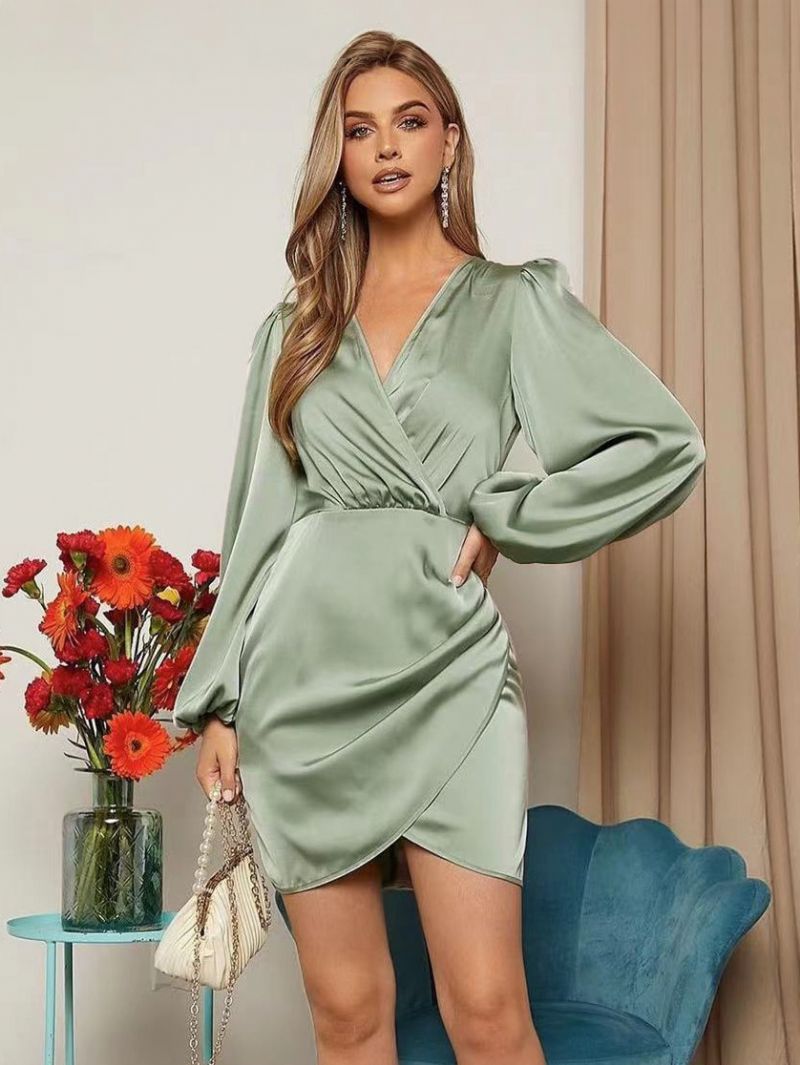 Kvinnors Bodycon Klänningar Faux Wrap Långärmad Ruched Slida Klänning I Enfärgad - Grön