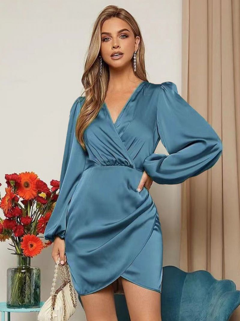 Kvinnors Bodycon Klänningar Faux Wrap Långärmad Ruched Slida Klänning I Enfärgad - Blå