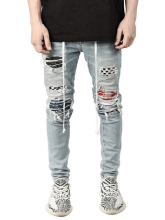 Herrjeans Herrmode Jeans Chic Distressed Antik Design Skinny Ljus Himmelsblå Svart