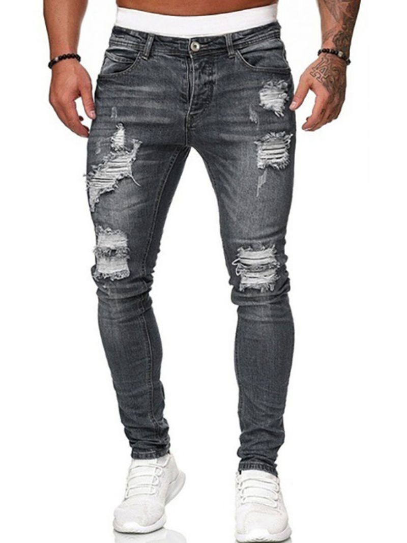 Jeans För Män Chic Distressed Antik Design Skinny Deep Blue - Grå