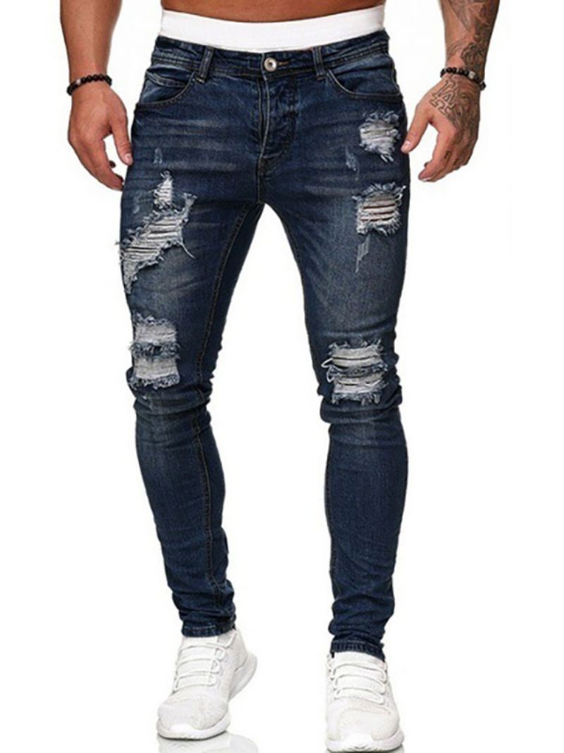 Jeans För Män Chic Distressed Antik Design Skinny Deep Blue - Blå