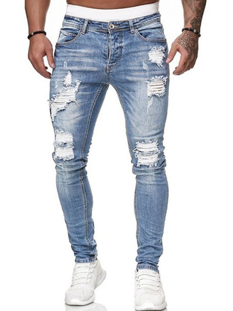 Jeans För Män Chic Distressed Antik Design Skinny Deep Blue - Ljus Himmelsblå