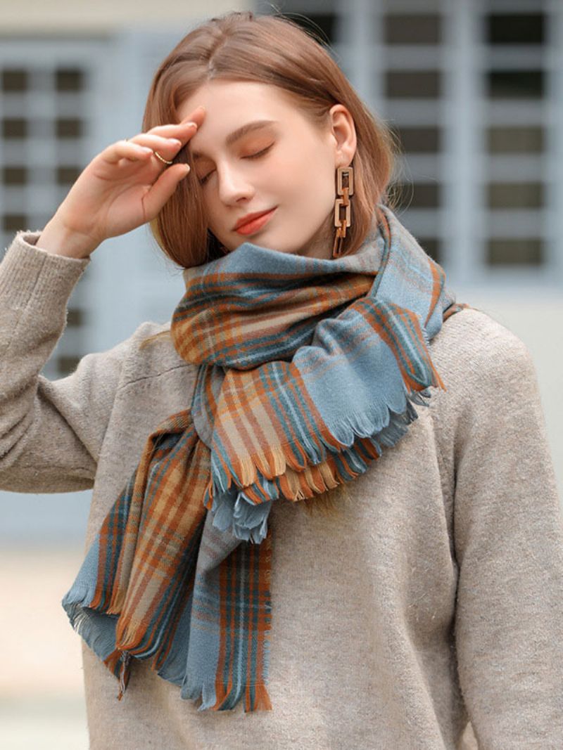 Damscarf Attraktiv Pläd Fransar Fiber Vinter Varma Långa Halsdukar - Ljus Himmelsblå