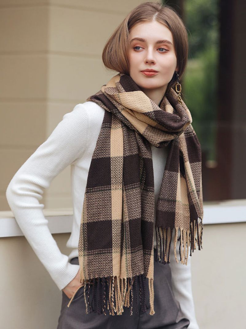 Scarf För Kvinnor Vackra Pläd Fringe Fiber Vinter Varma Långa Halsdukar - Khaki