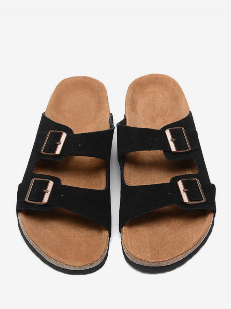Damsandaler Casual Knappar Kohud Rund Toe Tofflor - Svart
