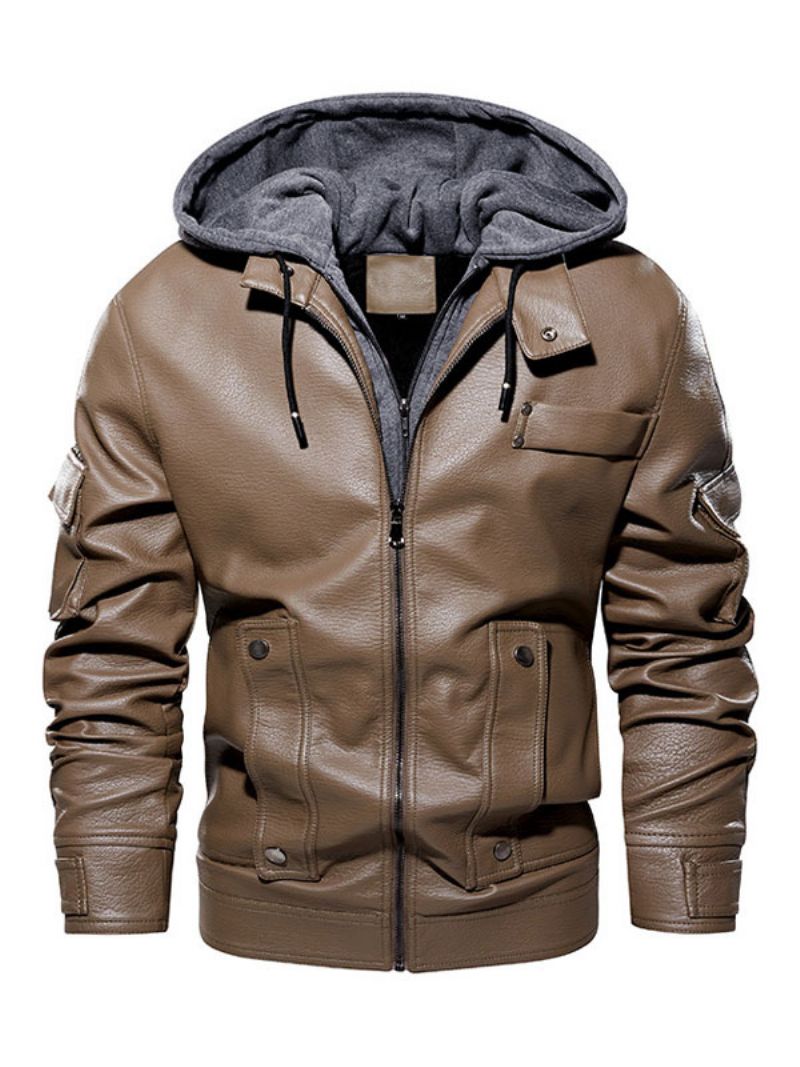 Läderjacka För Män Comfy Layered Zipper Color Block Fashion Moto Spring Coffee Brown - Khaki