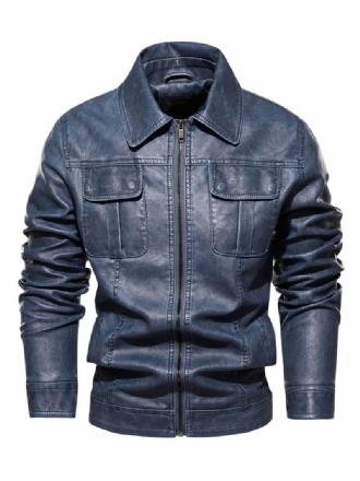Läderjackor För Män Dragkedja Pu-läder Thicken Moto Fashion Layered Dazzling Blue