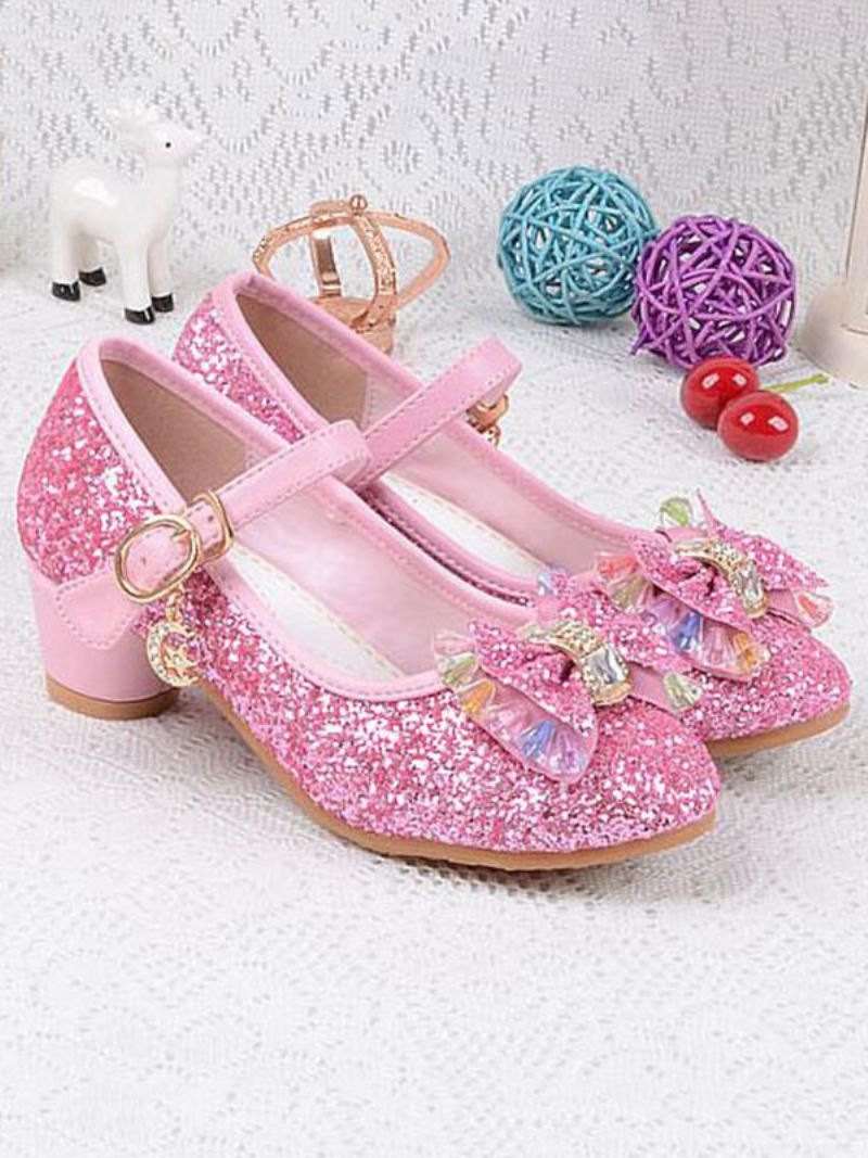 Flower Girl Skor Glitter Bow Mary Jane Chunky Heel Pumps - Rosa