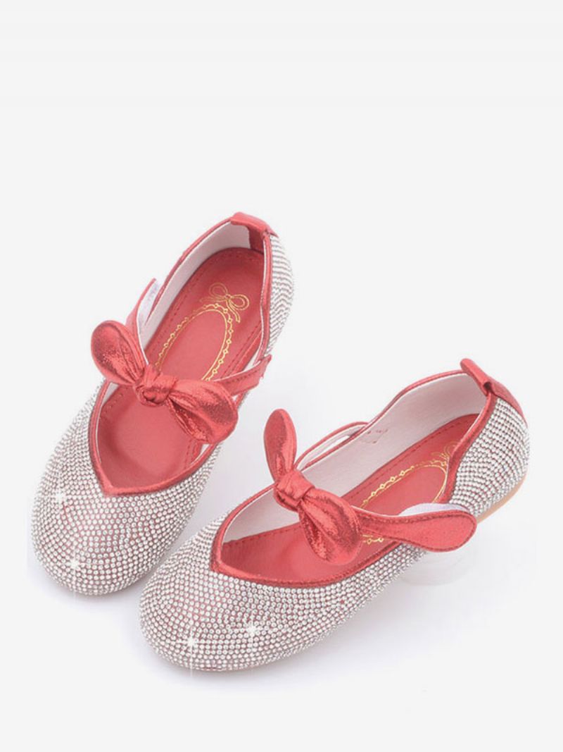 Flower Girl Skor Rhinestones Bowknot Platta - Röd