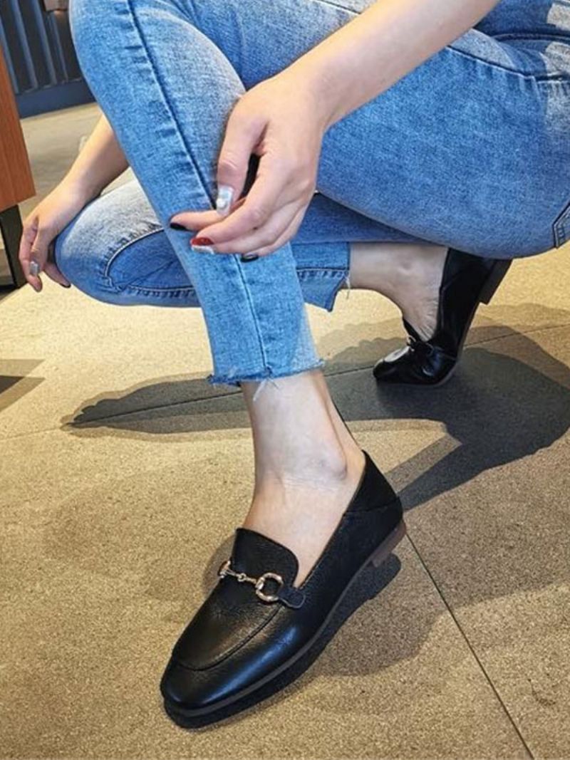 Chunky Heel Pu-läder Loafers För Kvinnor - Svart