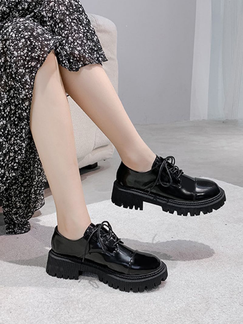 Kvinnors Oxfords Svart Rund Tå Chunky Heel Causal Skor - Svart