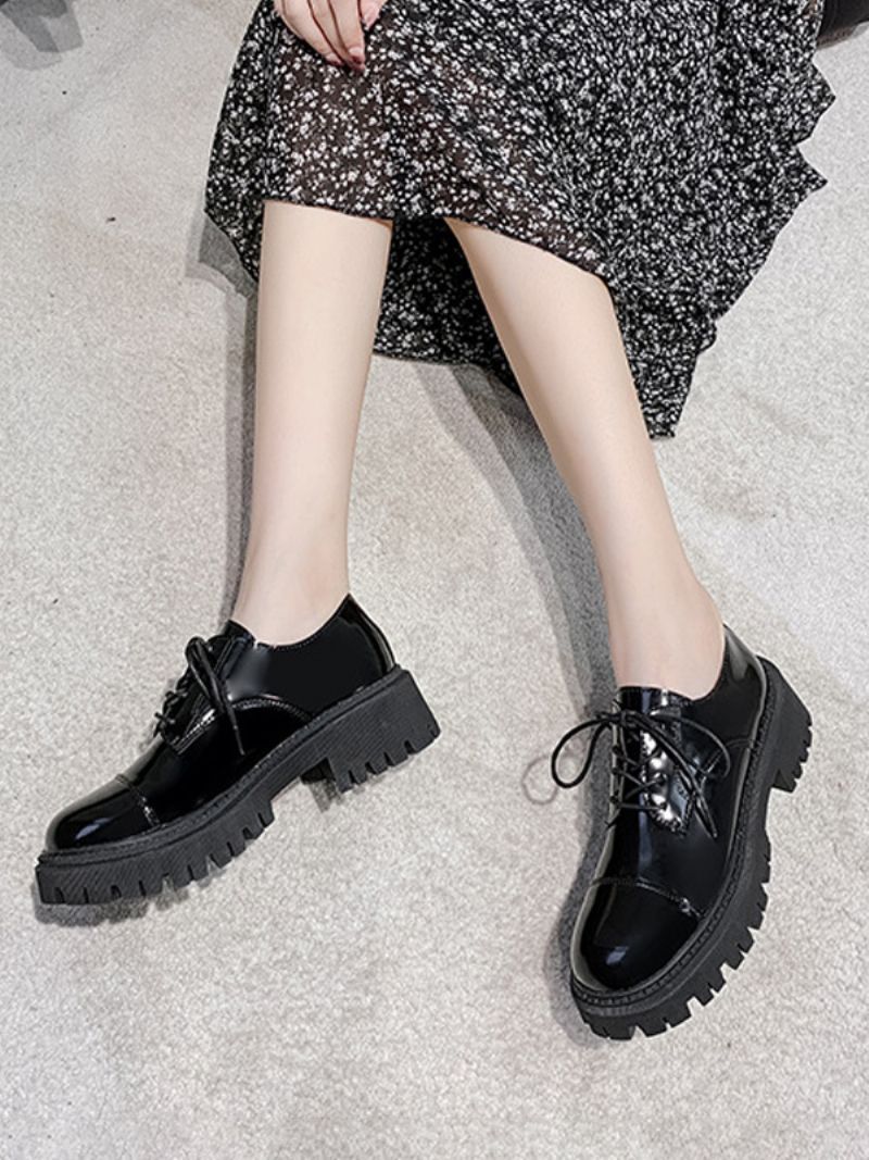 Kvinnors Oxfords Svart Rund Tå Chunky Heel Causal Skor - Svart