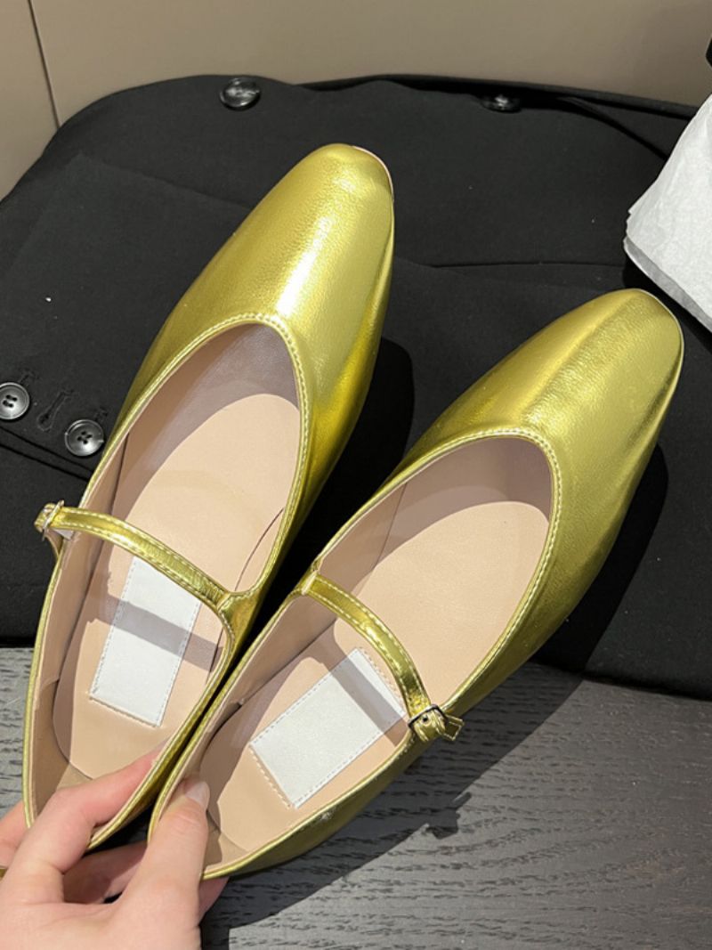 Kvinnors Svarta Platta Skor Svart Rund Tå Mary Jane Ballet - Guld