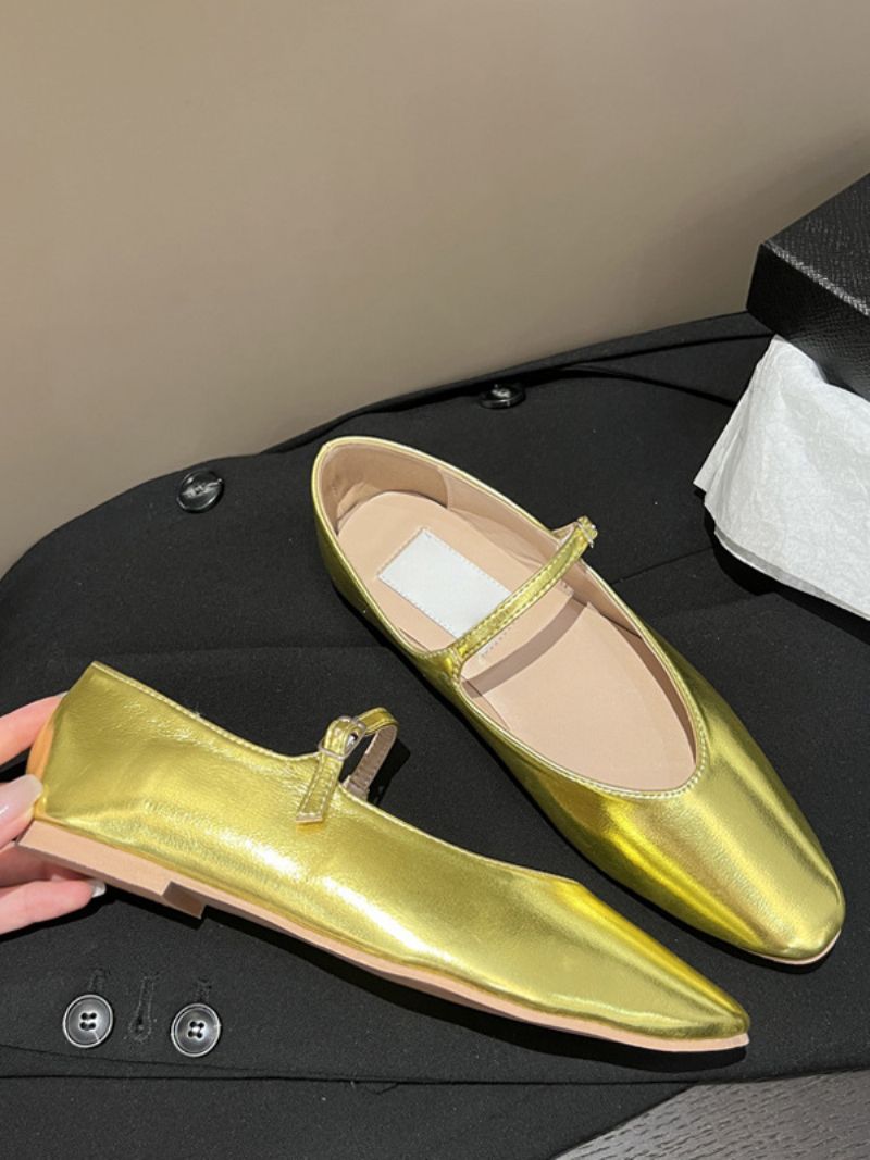 Kvinnors Svarta Platta Skor Svart Rund Tå Mary Jane Ballet - Guld