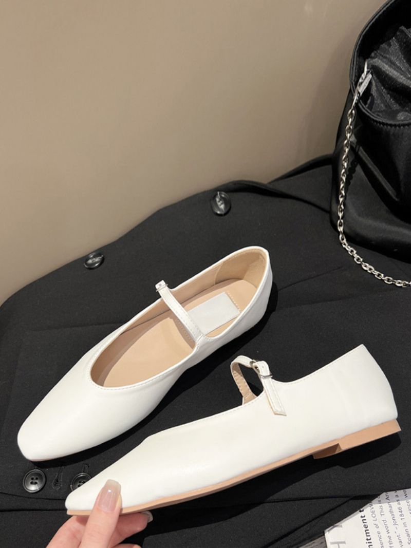 Kvinnors Svarta Platta Skor Svart Rund Tå Mary Jane Ballet - Vit