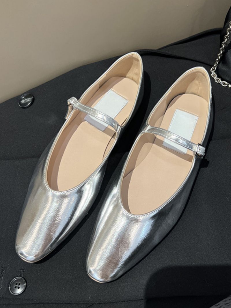 Kvinnors Svarta Platta Skor Svart Rund Tå Mary Jane Ballet - Silver
