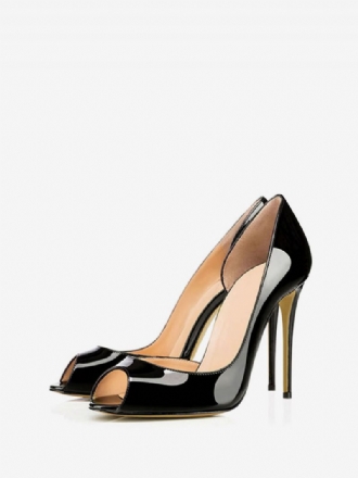 Dam Peep Toe Klackar Lackläder Stiletto Hög Klack Pumps I Svart