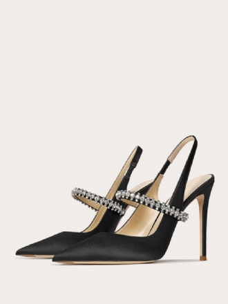 Dambalskor I Satäng Svart Strass Spetsad Tå Stilettklack Slingback Pumps