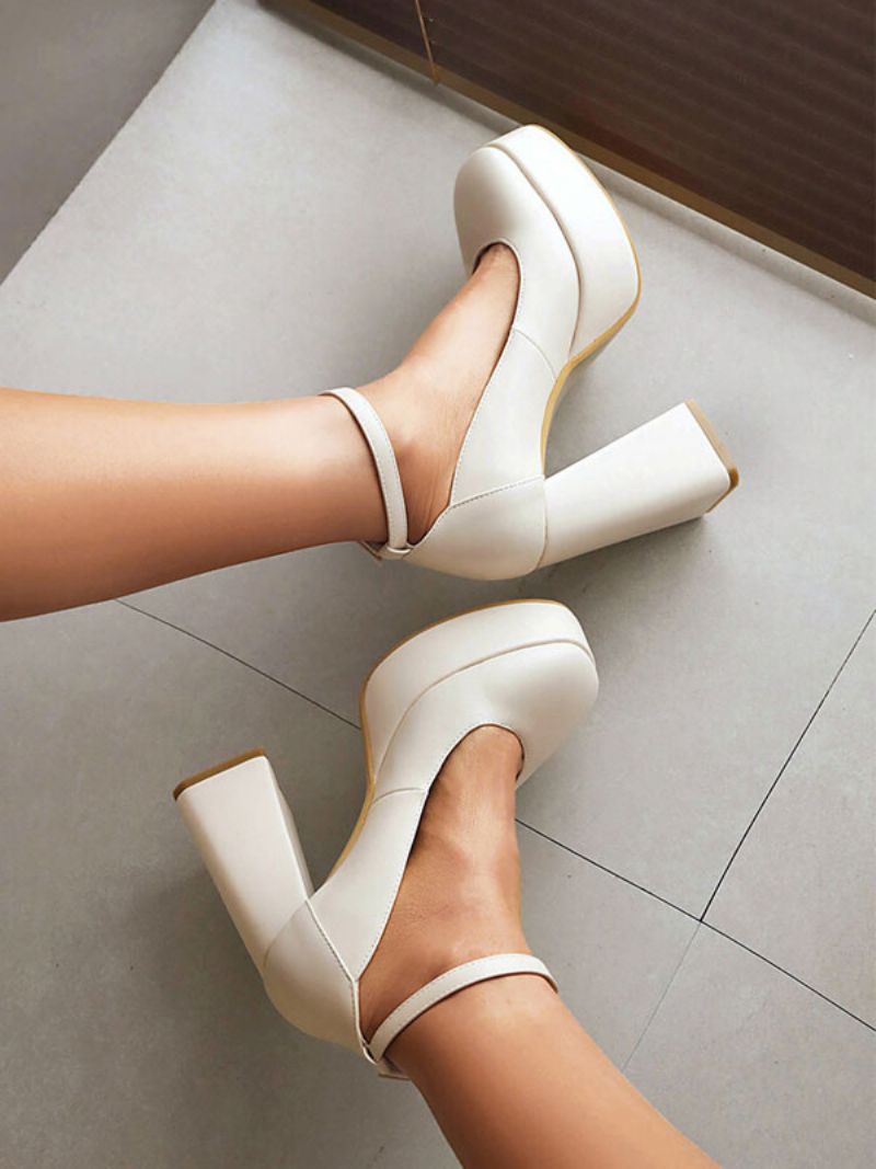 Kvinnors Högklackade Plattform Pumps Med Tjocka Klack Ankelrem - Beige