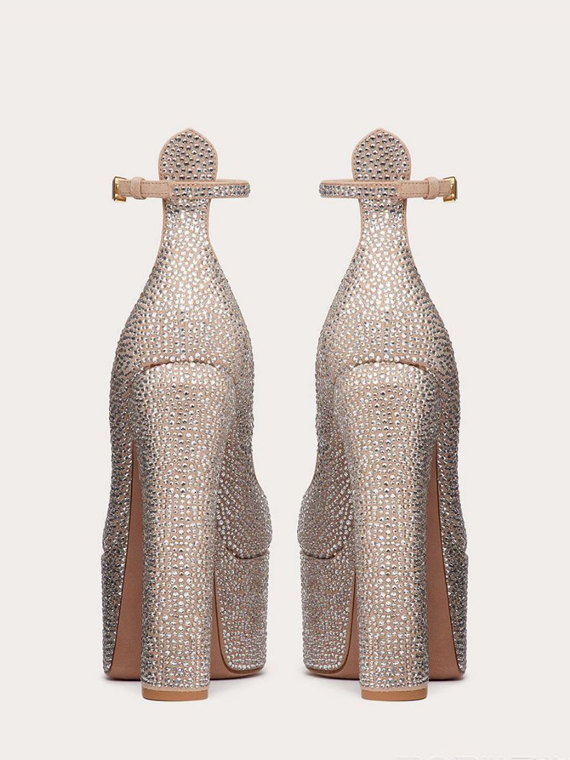 Kvinnors Högklackade Plattform Rhinestones Chunky Heel Ankel Strap Party Skor - Champagne