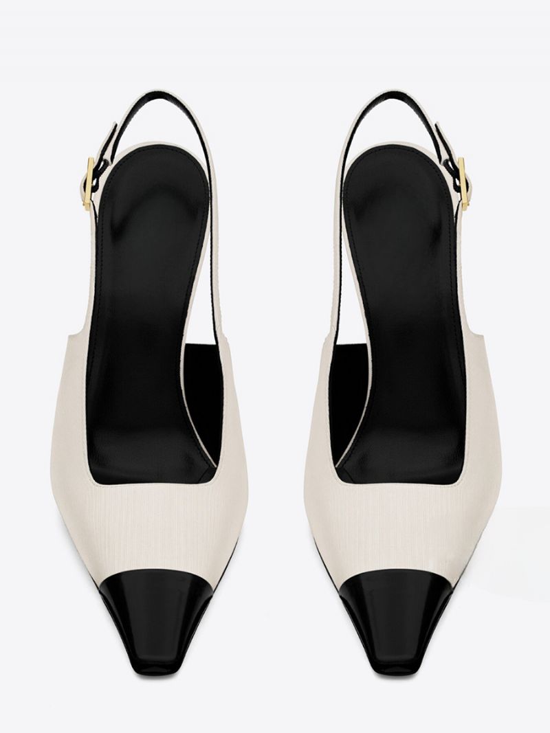 Kvinnors Satin Slingback Pumps Black Square Toe Stiletto Heel - Vit