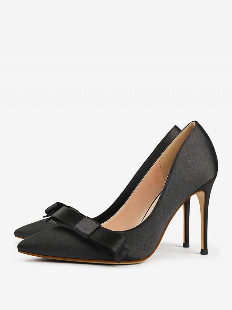 Kvinnors Svart Högklackat Satin Spetsad Tå Rosett Stiletto Heel Dress Pumps