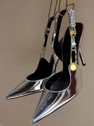 Silver Högklackade Pumpar Dam Spetsad Tå Kedja Detalj Slingback Pumps