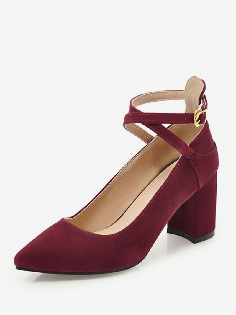 Spetsiga Tå Chunky Heels Mocka Burgundy Crisscross Pumps För Kvinnor