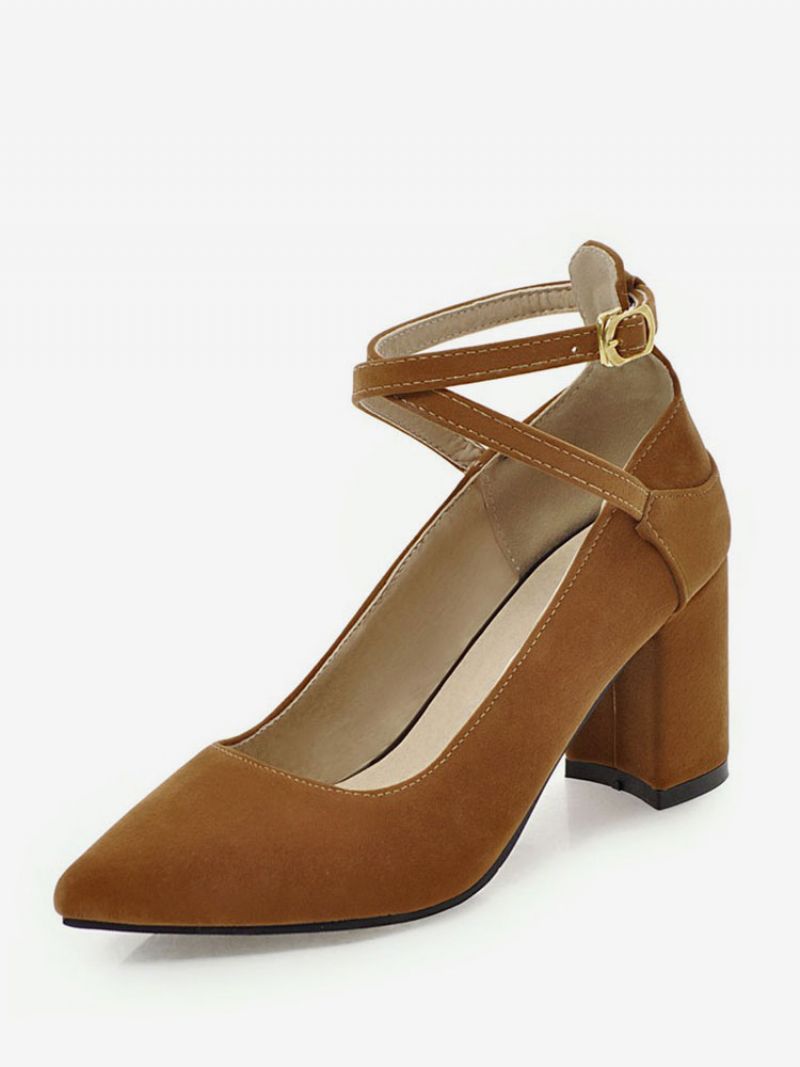 Spetsiga Tå Chunky Heels Mocka Burgundy Crisscross Pumps För Kvinnor - Kaffebrun