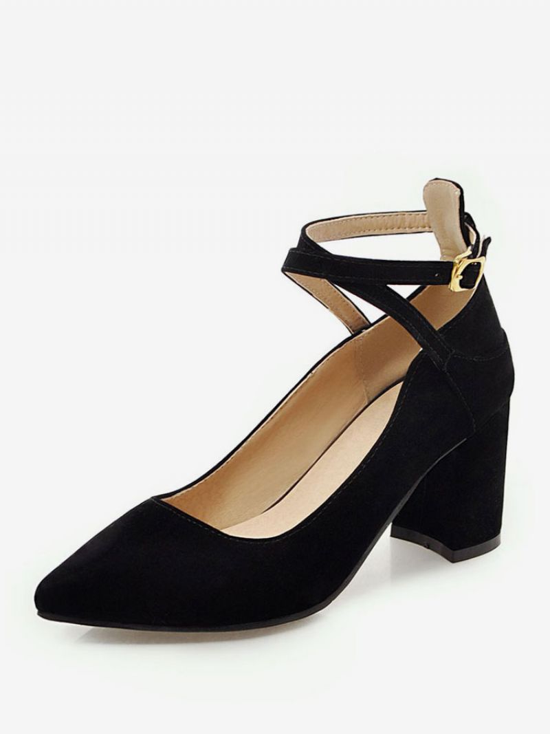 Spetsiga Tå Chunky Heels Mocka Burgundy Crisscross Pumps För Kvinnor - Svart
